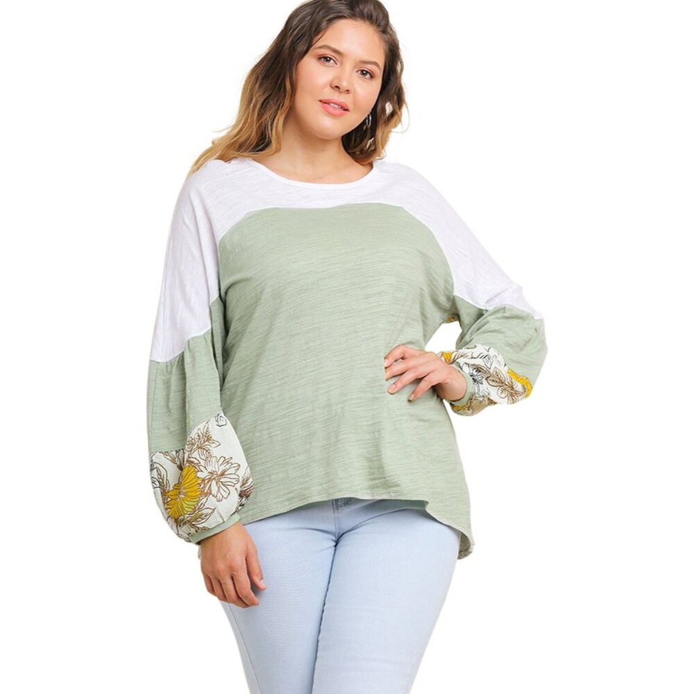 Umgee Leaf Puff Sleeve Colorblock Top, Sage